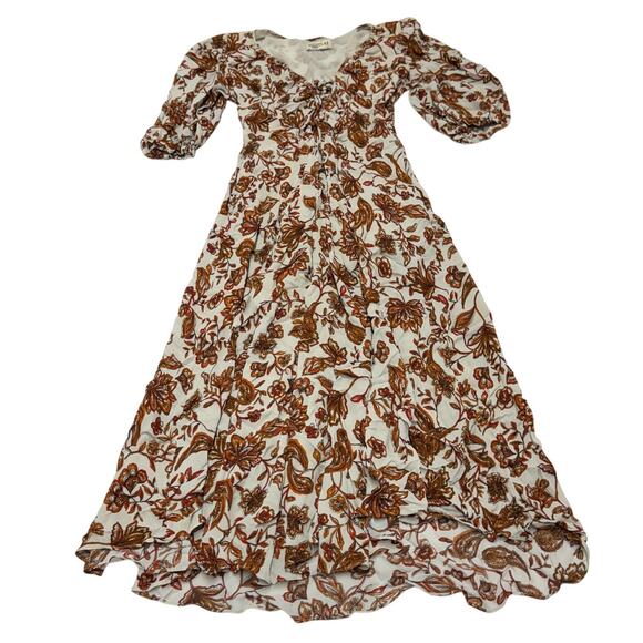 Nicholas Dress Womens 8 White Orange Floral‎ Printed Danielle Linen Midi - Picture 2 of 13